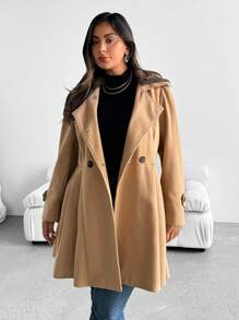 SHEIN Clasi Plus Size Fluffy Patchwork Collar Button Cinched Waist X-Shaped Knitted Jacket Winter Clothes For Women - Camel - View 5