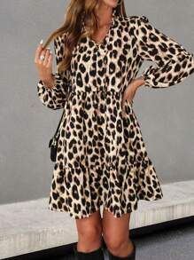 SHEIN Clasi Urban Chic Animal Print V-Neck Lantern Sleeve Loose Casual Mini Dress, Autumn/Winter - Apricot - View 5
