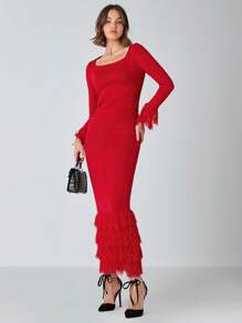 Enchnt Jupe-pull maxi à ourlet duveteux de couleur unie pour femmes, automne/hiver