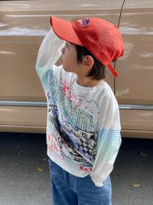 SHEIN 1 件年轻男孩休闲汽车和字母渐变印花长袖 T 恤，适合外出、上学、日常聚会、派对、秋冬季 - 白色 - 查看 7