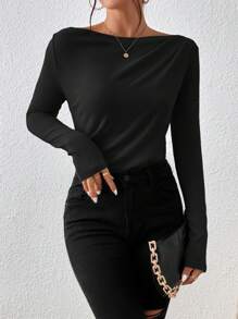 SHEIN Frenchy 休闲纯色褶皱船领长袖 T 恤，秋冬 - 黑色 - 查看 5