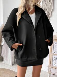 Chiquease 女款驼色 杏色 卡其色 纯色 贴袋 口袋 前开扣 蝙蝠袖 可爱 性感 长袖 秋冬 休闲 时尚 百搭 彼得潘领 大衣 外套