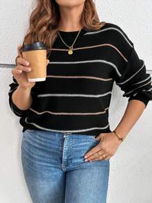 SHEIN LUNE 加大码条纹落肩毛衣，适合秋冬季节穿着，保暖舒适。 - 黑色 - 查看 3