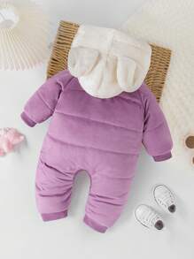 Baby Girls' Hooded Zipper Closure Teddy Fleece Romper, Comfortable Casual Warm Winter Outfit, New 2024 Collection