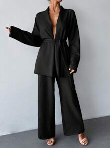 SHEIN 两件套，配有腰带细节，舒适套装，居家和户外均可穿着 - 黑色 - 查看 7