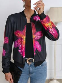 SHEIN Privé 1 pieza Chaqueta bomber de mujer con estampado floral de manga larga - Multicolor - Ver 2