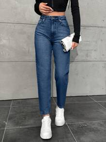 EURMUSE Vintage Washed High Waist Tapered Jeans - Medium Wash - View 6