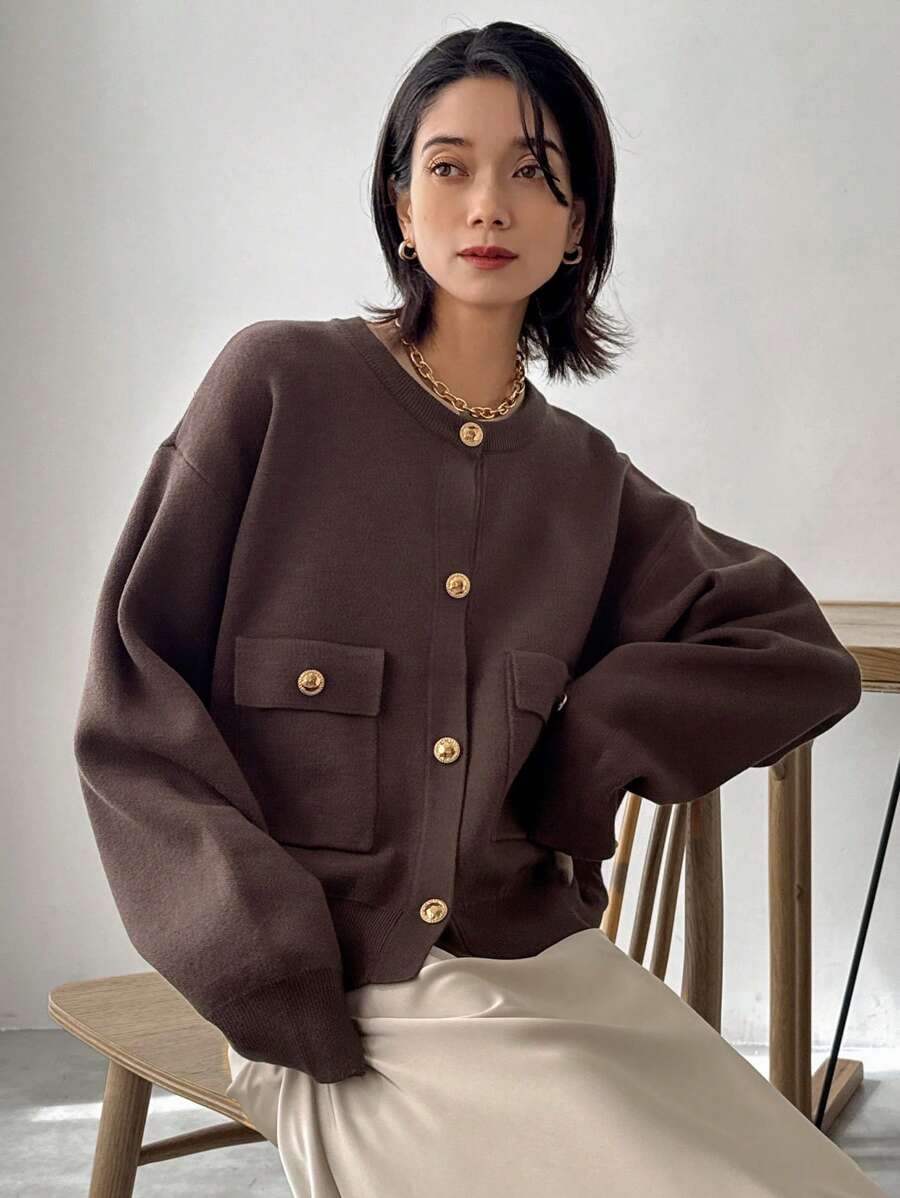 FRIFUL Women's Casual Solid Color Turnover Pocket Cardigan For Autumn/Winter - Brown - View 1