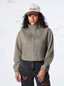 Streetz SHEIN Sport 女士宽松拉链短款瑜伽健身夹克，训练、跑步、秋冬季休闲外套 - 咖啡棕 - 查看 5