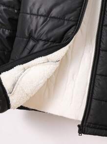 SHEIN Leap Crew 1 件装年轻男孩休闲字母贴片连帽拉链保暖内衬冬季派克大衣，适合通勤、上学、日常休闲、旅行、运动、秋冬季 - 黑色 - 查看 7