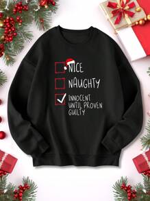 SHEIN LUNE 女士圣诞标语和圣诞帽印花圆领长袖套头卫衣，秋冬季长袖上衣 - 黑色 - 查看 1