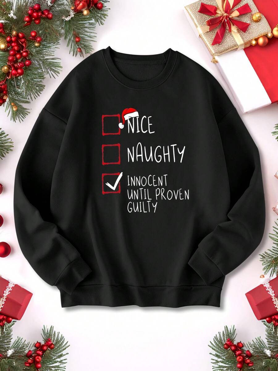 SHEIN LUNE 女士圣诞标语和圣诞帽印花圆领长袖套头卫衣，秋冬季长袖上衣 - 黑色 - 查看 1