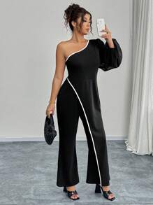 SHEIN Unity Plus Size Women's Autumn Ruffled One Shoulder Lantern Sleeve Elegant Jumpsuit - Black - View 1