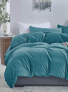 3件套蓝色天鹅绒水晶绒床品套装，秋冬季保暖法兰绒面料，双面纯色设计，宿舍床品套装，女士款，包含1个羽绒被套和2个枕套，超柔软，可机洗，不含填充物，尺寸可选：单人床、双人床、大号床、特大号床。