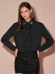 Enchnt Blus Wanita Kasual Elegan dengan Hiasan Ruffle dan Rhinestone, Musim Gugur - Hitam - View 7