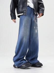 ROMWE MEN Street Life Men's Graphic Print Pocket Casual Baggy Jeans