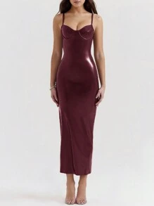 SHEIN BAE 纯棕色咖啡色性感简约紧身胸衣束身衣连衣裙，适合鸡尾酒会、浪漫约会、秋冬内衣、聚会、派对、夜店、万圣节、圣诞节 - 酒紅色 - 查看 5