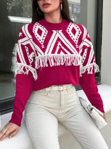 EURMUSE Women Geometric Print Fringe Decor Crew Neck Casual Pullover Sweater - Burgundy - View 5