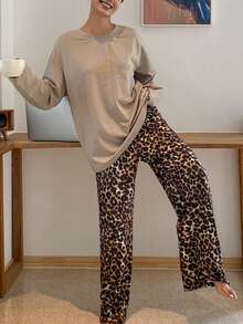 DAZY Letter Print Pattern Loose Top & Leopard Print Pajama Pants 2pcs Sleepwear Set - Grey - View 8