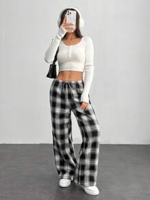 SHEIN PETITE Pantalones de mujer con cintura de cordón y estampado a cuadros - Azul Marino - Ver 7