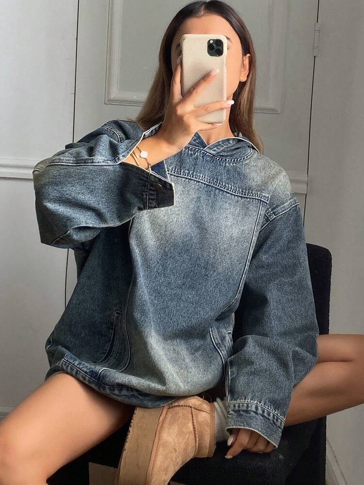 Women's Casual Washed Loose Fit Hooded Denim Jacket For Autumn,Back To School Clothes
