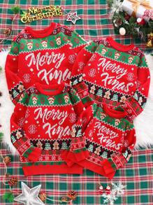 Suéter de punto jacquard con cuello redondo, estampado navideño de reno y pan de jengibre, para niños preadolescentes, apto para fiestas navideñas, otoño/invierno. Juegos de ropa a juego para mamá e hijo (se venden por separado 4 piezas)