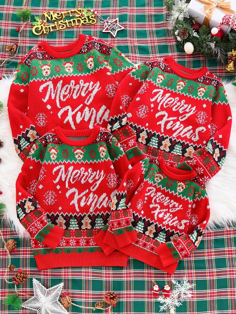 Suéter de punto jacquard con cuello redondo, estampado navideño de reno y pan de jengibre, para niños preadolescentes, apto para fiestas navideñas, otoño/invierno. Juegos de ropa a juego para mamá e hijo (se venden por separado 4 piezas)