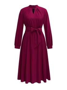 SHEIN Clasi Vestido Longo de Manga Longa Elegante com Cinto e Decote Recorte, Roupas de Natal para Roupas de Ano Novo para Mulheres em Plus Size - Vermelho - Visão 4