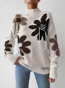 EURMUSE Floral Pattern Mock Neck Drop Shoulder Sweater - Camel - View 4