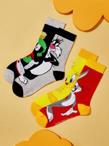 LOONEY TUNES X SHEIN 2 pares de calcetines de mujer de media pantorrilla con diseño asimétrico de bloques de color y estampado de dibujos animados