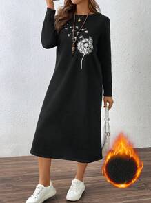 SHEIN LUNE Plus Size Women Dandelion Print Thermal Lined Crew Neck Long Casual Dress, Warm And Cozy For Outdoor & Daily Wear, Autumn/Winter