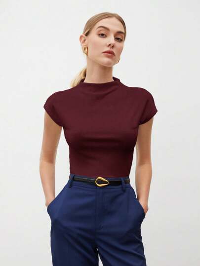 BizChic Camiseta de mujer de manga corta con cuello alto y mangas de murciélago, de unicolor, para uso casual de negocios, uniforme de maestro, ropa de oficina, escuela, top básico, estilo vintage