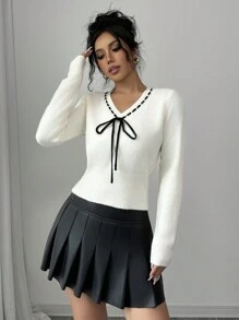 Chiquease Apricot V-Neck Drawstring Casual Long Sleeve Pullover Sweater, Knit Pullover Fall Winter - Apricot - View 3