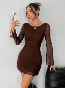 SHEIN PETITE 女士新款性感露背喇叭袖网纱连衣裙初秋款 - 棕色 - 查看 2