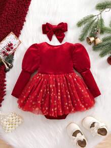 SHEIN 新生女宝宝可爱网纱拼接长袖连体衣，带蝴蝶结，适合圣诞节 - 紅色 - 查看 2