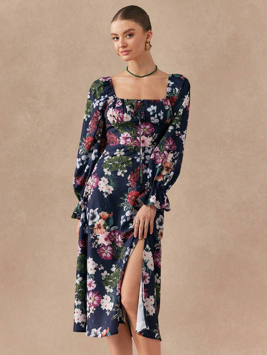 SHEIN Unity Women Floral Print Square Neck High Slit Hem Elegant Long Sleeve Dress - Multicolor - View 1