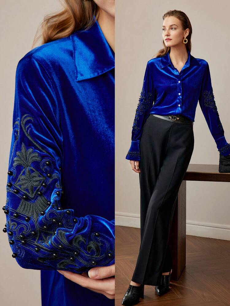 VELVET EMBROIDERY PLANTS BEADED DETAIL SHIRT