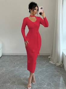 Chiquease 优雅女士花卉装饰长袖针织连衣裙秋冬季新年服装