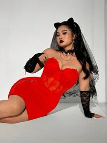 Flirla Plus Size Solid Color Lace Patchwork Strapless Sexy Sleeveless Dress - Red - View 4