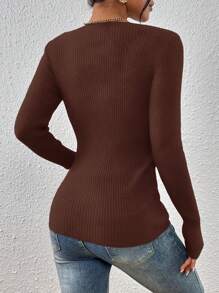 SHEIN Essnce Women Solid Color Button Mock Neck Fitted Long Sleeve Pullover Sweater, Autumn/Winter - Coffee Brown - View 2