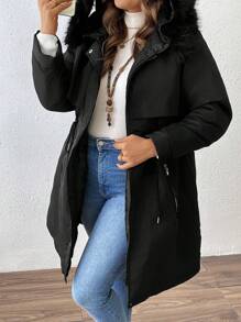 SHEIN LUNE Plus Size Women Solid Color Patchwork Fuzzy Hooded Casual Padded Coat For Winter Fall Cloth For Women - Black - View 1