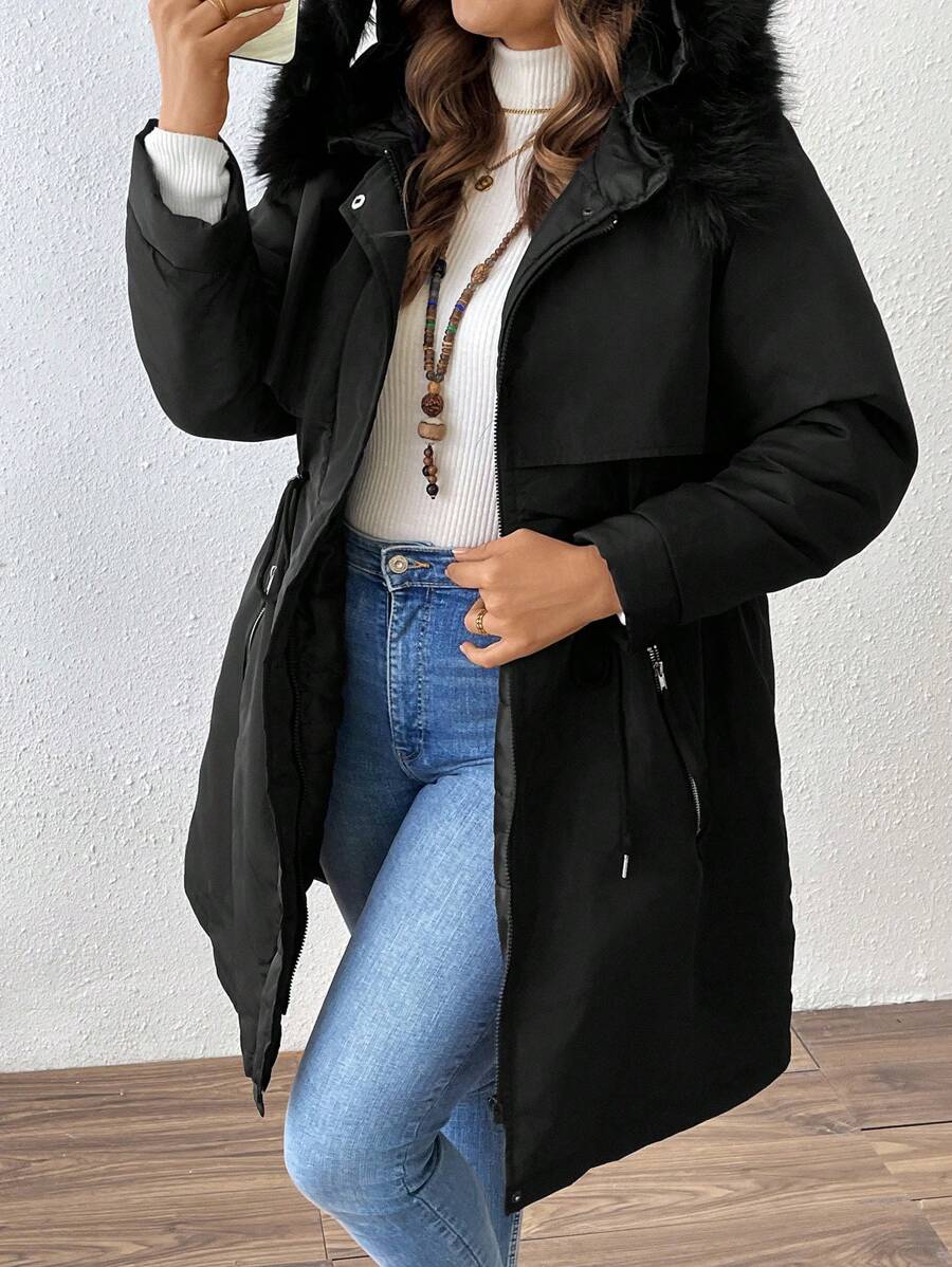 SHEIN LUNE Plus Size Women Solid Color Patchwork Fuzzy Hooded Casual Padded Coat For Winter Fall Cloth For Women - Black - View 1