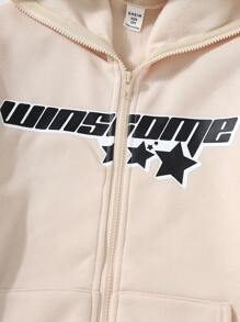 Tween Girl' Casual Star Graphic Print Loose Drop Shoulder Zip-Up Huvtröja med fickor - Kaki - Visa 3