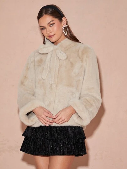 Enchnt 1 件女式纯色长袖优雅仿貂皮蝴蝶结夹克，冬季