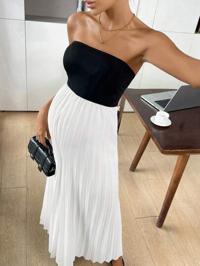 SHEIN 孕妇时尚撞色褶皱下摆连身裤