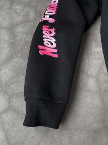 Manfinity EMRG 2pcs/Set Men's Casual Letter Print Drawstring Hooded Sweatshirt And Sweatpants Set - Black - View 6