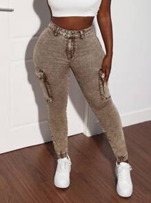 Slaydiva Pantalones cargo ajustados para mujer en caqui, denim elástico - Caqui - Ver 5