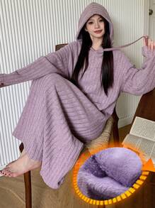 DAZY 冬季保暖简约保暖罗纹针织连帽宽松家居服，保暖内衬，适合秋冬季节，蓬松舒适，睡衣款式。 - 紫色 - 查看 1