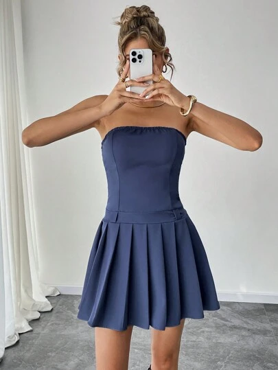 Chiquease 性感露背百褶腰紧身迷你连衣裙，时尚美式风格，夏季灰色抹胸紧身连衣裙