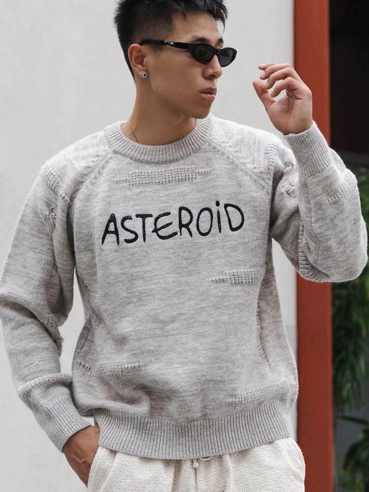 Men's Casual Crew Neck Letter Pattern Long Sleeve Knitted Sweater, Autumn